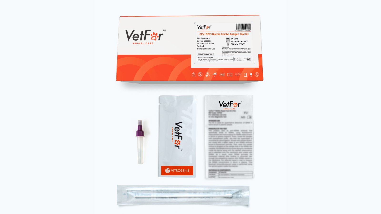 Figure 1: VetFor CPV+CCV+Giardia Combo Rapid Antigen Test Kit Content