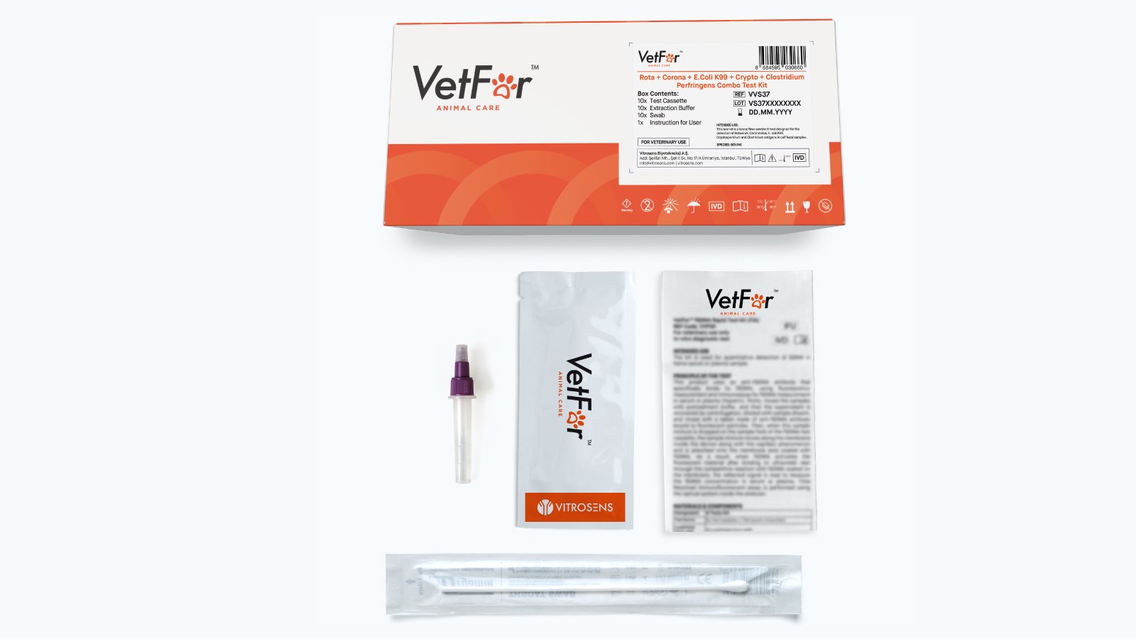 Figure 1: VetFor Rota + Corona + E. Coli K99 + Crypto + Clostridium Combo Rapid Test Kit Content