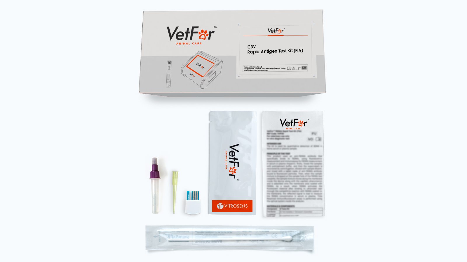 Figure 2. VetFor CDV Rapid Antigen Test Kit (FIA) Box Content