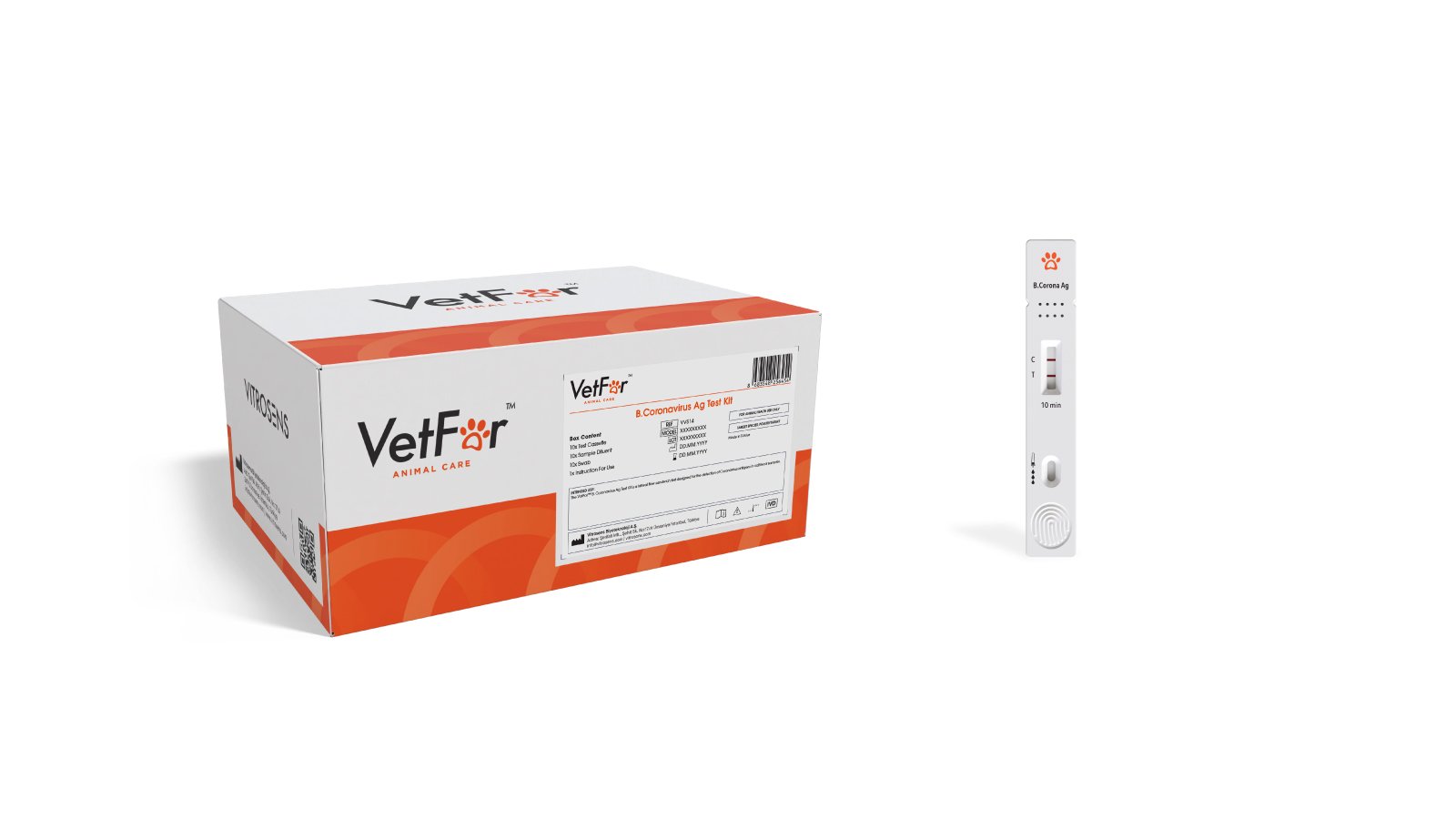 Figure 3. B.Coronavirus Ag Test Kit and Rota + Corona + E. coli K99 + Crypto + Giardia + C. perfringens Ag Test Kit Contents and Product Overview.