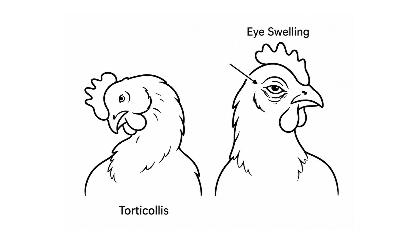Figure 1. Neurological and ocular signs that may be observed in Newcastle Disease, including torticollis and eye swelling.